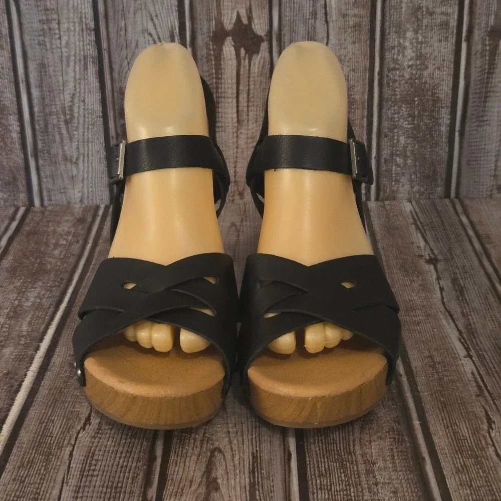 Sz 9 M Korks by Kork-Ease Bagley Black Studded Wood Platform Sandals VGUC!